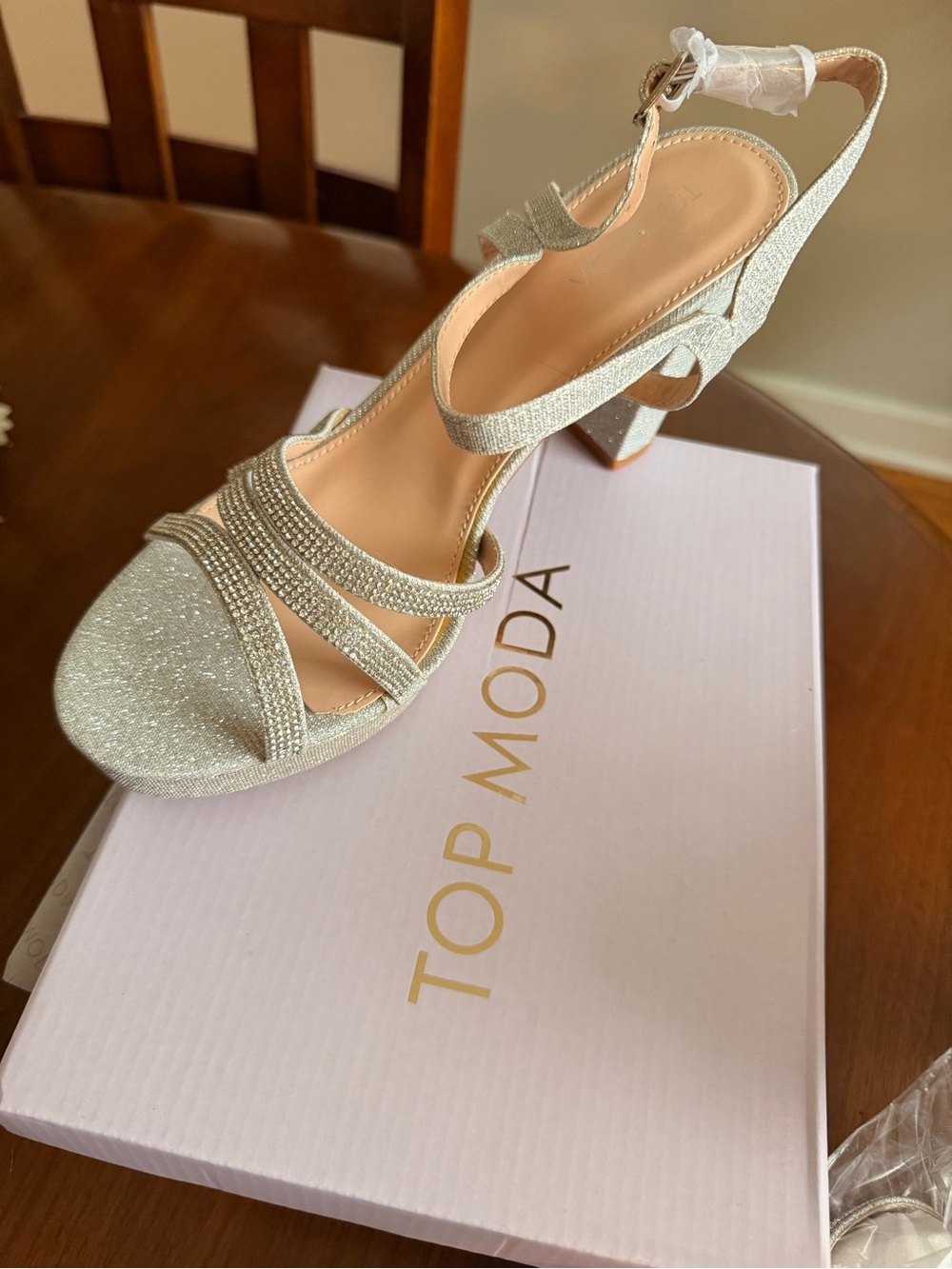 Moda Silver Glitter Strappy Block Heel Sandal